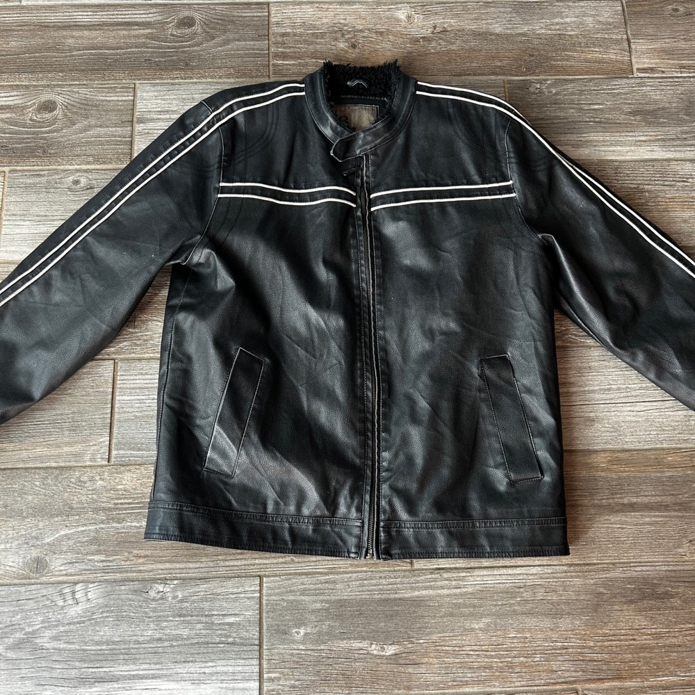 Men's Black BKE Y2K Leather Jacket‎ Sherpa Lined Zip Up Moto Style